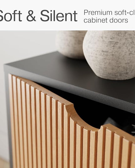 Contemporary Fluted TV Stand - Media Console - 70” Entertainment Center Console Table with Storage for Living Room - Fits 32 to 80" TVs (Black and Oak) - LeafyLoom