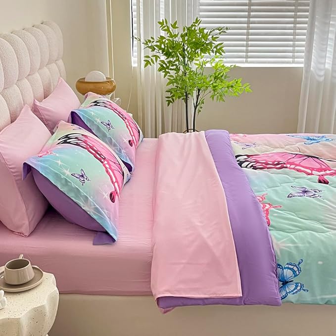Girls Butterfly Comforter Set Bed in A Bag Twin Size 7 Piece 3D Purple Bedding Comforter Bed Set with Pillow Shams, Flat Sheet, Fitted Sheet, Pillowcases All Season - LeafyLoom