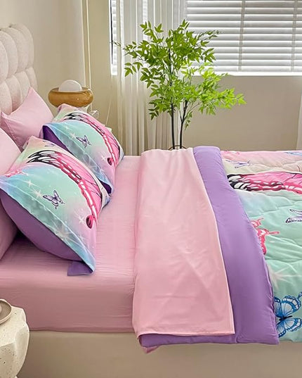 Girls Butterfly Comforter Set Bed in A Bag Full Size 7 Piece 3D Purple Bedding Comforter Bed Set with Pillow Shams, Flat Sheet, Fitted Sheet, Pillowcases All Season - LeafyLoom