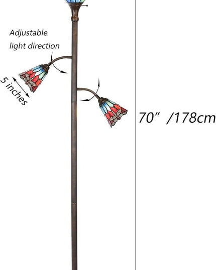 Bieye L10837 Dragonfly Tiffany Style Stained Glass Torchiere Floor Lamp with Sidelights for Reading, 70-inches Tall (Dragonfly, Red Blue) - LeafyLoom