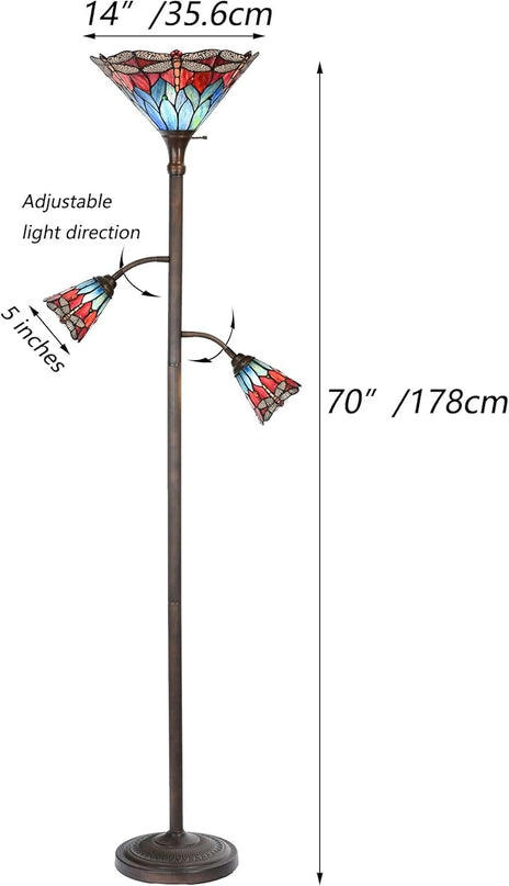 Bieye L10837 Dragonfly Tiffany Style Stained Glass Torchiere Floor Lamp with Sidelights for Reading, 70-inches Tall (Dragonfly, Red Blue) - LeafyLoom