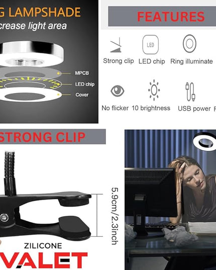 Desk Lamp with Clamp, Clip on Light, 48 LED USB Lamp with 3 Color Modes 10 Brightness Levels, 360° Flexible Gooseneck Eye Protection, Ring Light Bed Night Light for Reading With Adapter - LeafyLoom