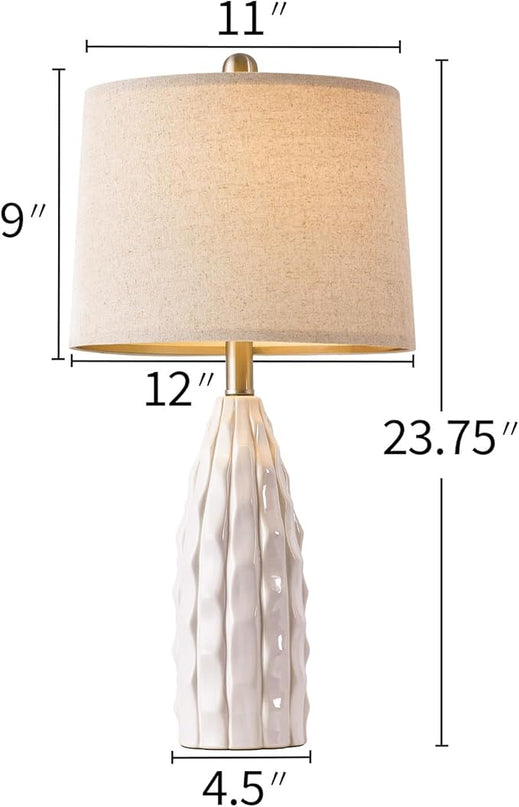 23.75" Modern White Ceramic Lamps Set of 2 for Living Room Study Room Office Dorm Farmhouse Nightstand, End Table Lamps - LeafyLoom