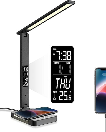 poukaran Desk Lamp, LED Desk Lamp with Wireless Charger, USB Charging Port, Table Lamp with Night Light, Desk Lights with Clock, Alarm, Date and Temperature, Black - LeafyLoom