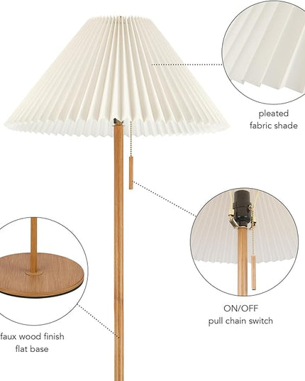 Globe Electric 61000053 62" Floor Lamp, Faux Wood Finish, Pleated Fabric Shade, Flat Base, Pull Chain Switch on Socket, Reading Lamp, Home Office Accessories, Home Décor, Home Improvement - LeafyLoom