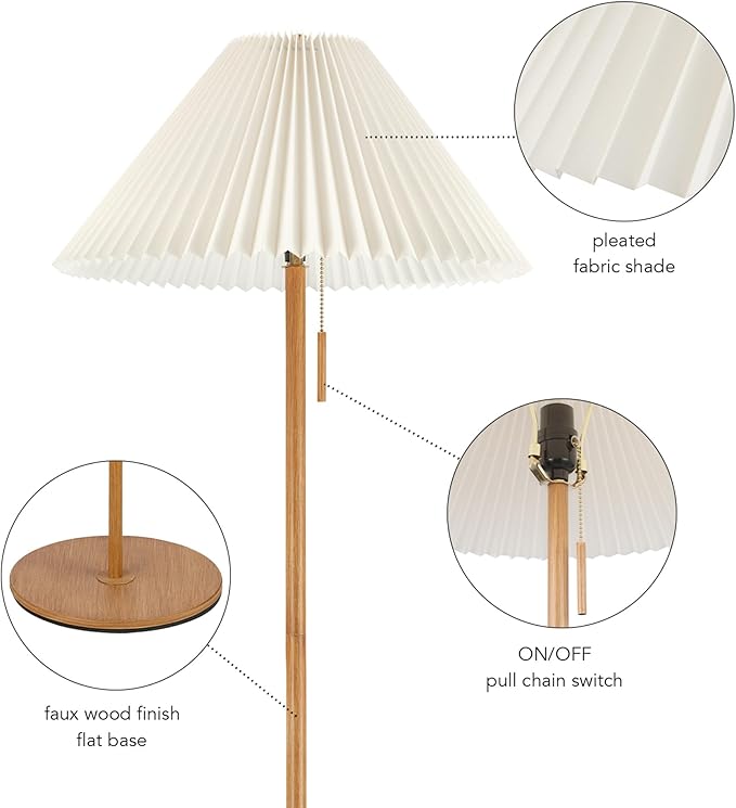 Globe Electric 61000053 62" Floor Lamp, Faux Wood Finish, Pleated Fabric Shade, Flat Base, Pull Chain Switch on Socket, Reading Lamp, Home Office Accessories, Home Décor, Home Improvement - LeafyLoom