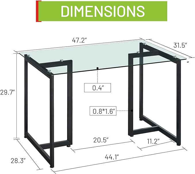 FurnitureR 47" Modern Rectangular Dining Table with Spacious Tempered Glass Tabletop & Black Legs Elegant for Home Kitchen Restaurant - LeafyLoom
