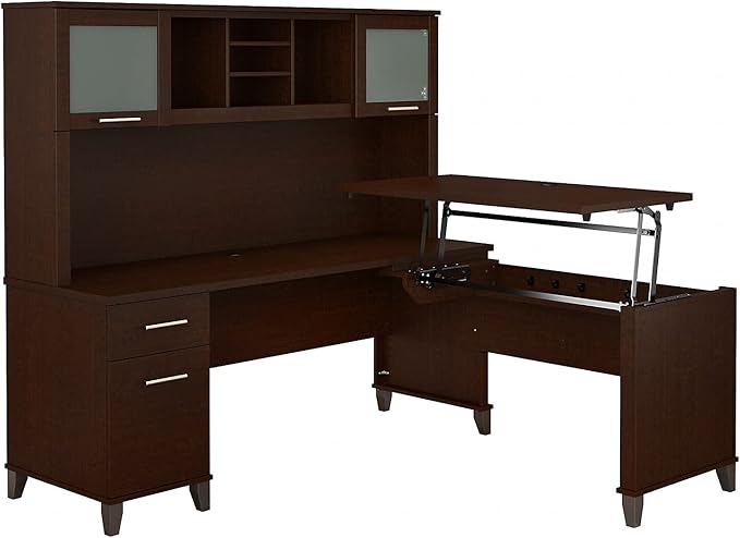 Bush Furniture Somerset 72W 3 Position Sit to Stand L Shaped Desk with Hutch in Mocha Cherry - LeafyLoom