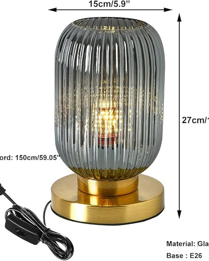 Bedside Table Lamp Mid Century Glass Table Lamps Modern Globe Table lamp Gold Desk lamp nightstand lamp with Pumpkin Design with Ribbed Glass Shade for Bedroom Living Room Office (Smoke gray) - LeafyLoom