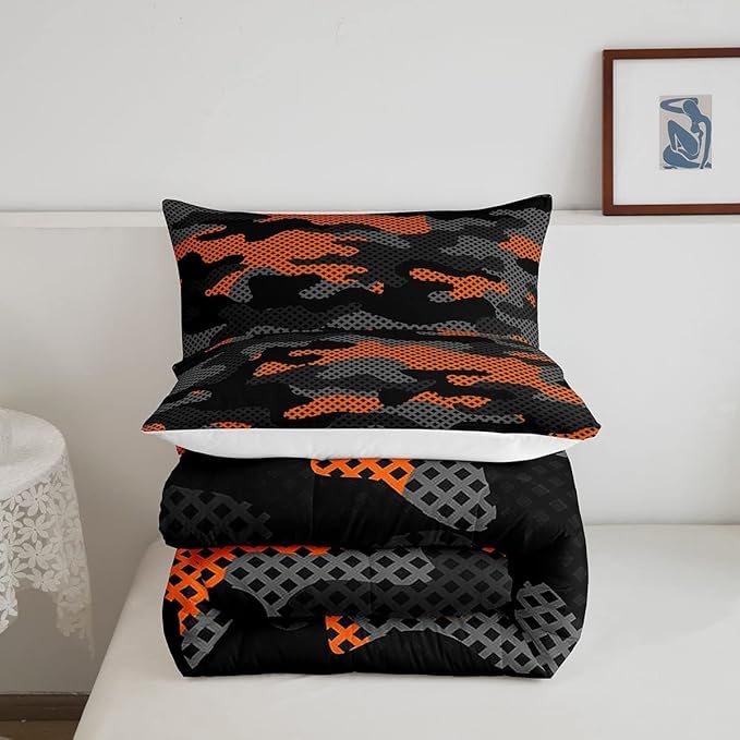 Erosebridal Army Camouflage Comforter Set King Size Teens Adult Camo Bedding Set for Kids Boys Girls Colorful Pattern Decor Down Comforter Orange Black Grey Duvet Set Geometric Pattern Quilt Set - LeafyLoom