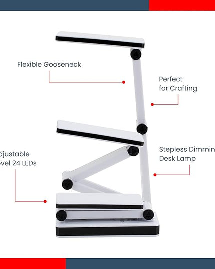 Jerry's Artarama Portable LED Desk Lamp - Flexible Gooseneck, Adjustable Level 24 LEDs, Stepless Dimming Desk Lamp, Perfect for Crafting - includes AC/USB Power Supply (Optional AA Battery) - White - LeafyLoom