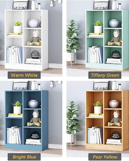 IOTXY Open Shelf Low Bookcase - Wooden 3-Tier Floor Standing Display Cabinet Organizer with Base, 5 Cubes Short Horizontal Bookshelf in Tiffany-Green - LeafyLoom