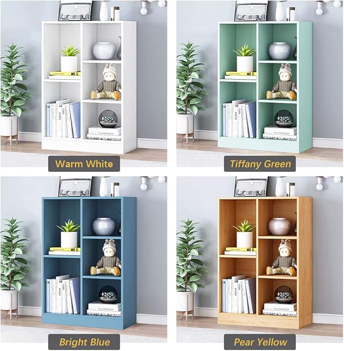 IOTXY Open Shelf Low Bookcase - Wooden 3-Tier Floor Standing Display Cabinet Organizer with Base, 5 Cubes Short Horizontal Bookshelf in Tiffany-Green - LeafyLoom
