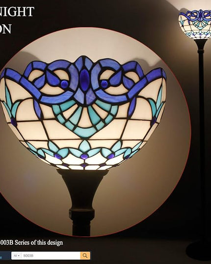 WERFACTORY Tiffany Floor Lamp Navy Blue Baroque Stained Glass Light 12X12X66 Inches Pole Torchiere Standing Corner Torch Uplight Decor Bedroom Living Room Home Office S003B Series - LeafyLoom