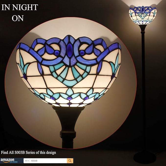 WERFACTORY Tiffany Floor Lamp Navy Blue Baroque Stained Glass Light 12X12X66 Inches Pole Torchiere Standing Corner Torch Uplight Decor Bedroom Living Room Home Office S003B Series - LeafyLoom