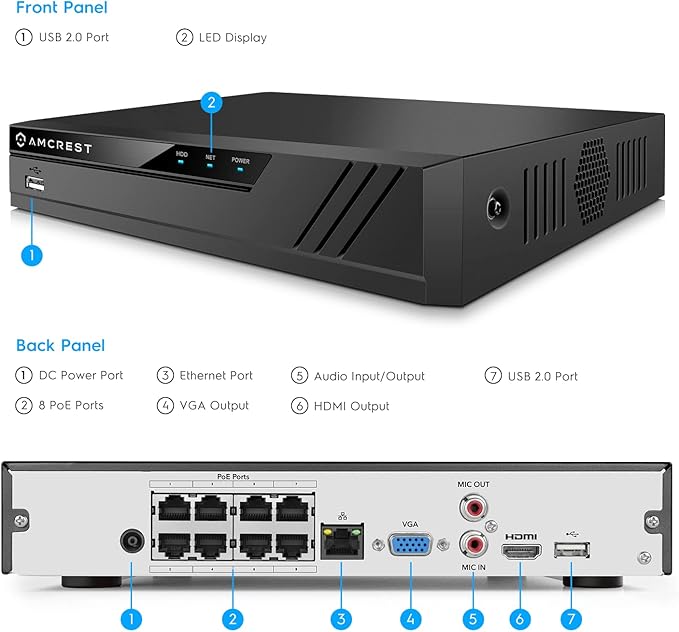 Amcrest NV4108E-A2 4K 8CH POE NVR (1080p/3MP/4MP/5MP/8MP) POE Network Video Recorder - Supports up to 8 x 8MP/4K IP Cameras, 8-Channel Power Over Ethernet Supports up to 10TB HDD (Not Included) Amcrest