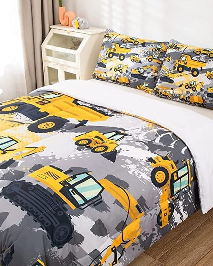 Feelyou Boys Construction Bedding Set King Size Comforter for Boys Kids Tractor Comforter Set Toddler Construction Decorations Car Bed for Boys Cartoon Excavator Trucks Quilt Set with 2 Pillow Cases - LeafyLoom