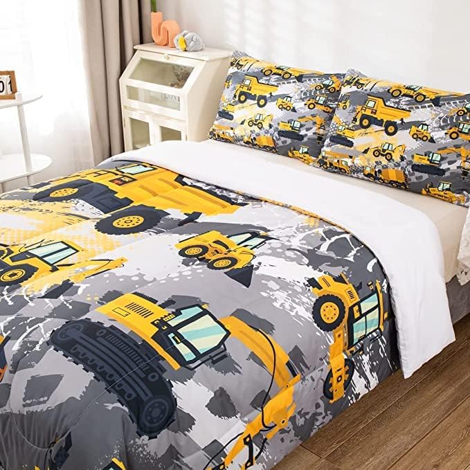 Feelyou Boys Construction Bedding Set King Size Comforter for Boys Kids Tractor Comforter Set Toddler Construction Decorations Car Bed for Boys Cartoon Excavator Trucks Quilt Set with 2 Pillow Cases - LeafyLoom