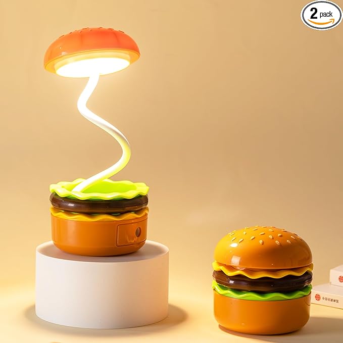 2 Pcs Cute Hamburger Lamp with Pencil Sharpener, Adjustable Novelty Night Desk Lamp, Funny Rechargeable Multifunctional Reading Bedside Lamp for Home Bedroom Boys Girls Kawaii Gift - LeafyLoom