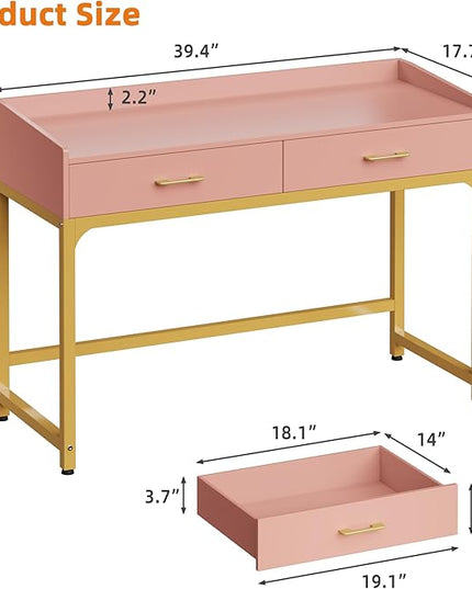 WESTREE Computer Gaming Desk Office - Study Writing Desk with Drawer for Teen, Bedroom Makeup Desk Home Office with Storage Shelf, Height Monitor Stand, Pink - LeafyLoom