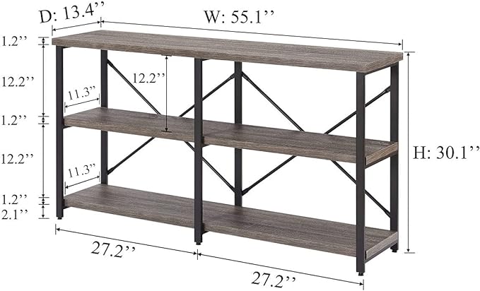 BON AUGURE Rustic Console Table Behind Sofa, Industrial Entryway Table with Storage Shelves, 3 Tier Long Bookshelf for Entry (55 Inch, Dark Grey Oak) - LeafyLoom