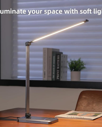 LED Desk Lamp, 5 Levels Dimmable Table Lamp Reading Lamp with USB Charging Port, 5 Lighting Modes, 30 Minutes Auto-Off Timer, Study Lamp, Eye-Caring Office Lamp with Night Light - LeafyLoom