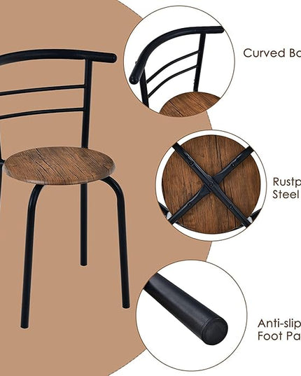 FANTASK 3 Piece Dining Table Set, Compact Table and 2 Chairs Set, w/Metal Frame and Storage Shelf, Breakfast Table Set for Apartment Kitchen Dining Room Cafe (Black & Brown) - LeafyLoom