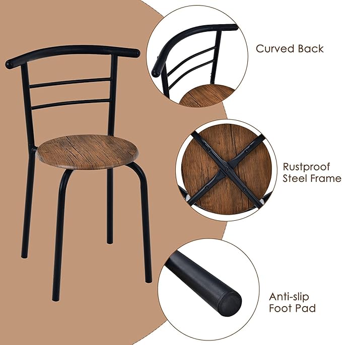 FANTASK 3 Piece Dining Table Set, Compact Table and 2 Chairs Set, w/Metal Frame and Storage Shelf, Breakfast Table Set for Apartment Kitchen Dining Room Cafe (Black & Brown) - LeafyLoom