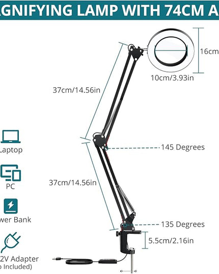Magnifying Glass with Light, 8X Magnifying Desk Lamp with Clamp 3 Lighting Color Modes,Adjustable Swivel Arm 10 Brightness Levels LED Magnifier Desk Lamp for Reading Repair(Arm Length:29inch) - LeafyLoom