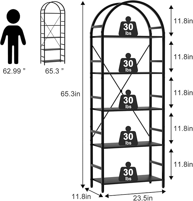 5-Tier Bookshelf, 24 Inch Width Industrial Arched Bookcase, Vintage Storage Rack with Open Shelves, Free Standing Shelf for Home Office, Living Room,Bedroom, Black - LeafyLoom