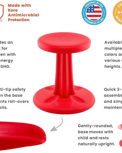 Kore Kids Wobble Chair - Flexible Seating Stool for Classroom & Elementary School, ADD/ADHD - Made in The USA - Age 6-7, Grade 1-2, Red (14in) - LeafyLoom