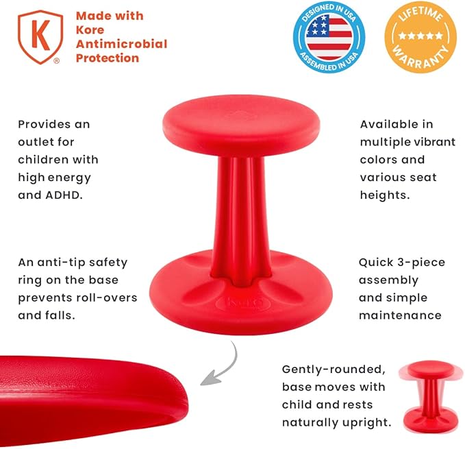 Kore Kids Wobble Chair - Flexible Seating Stool for Classroom & Elementary School, ADD/ADHD - Made in The USA - Age 6-7, Grade 1-2, Red (14in) - LeafyLoom