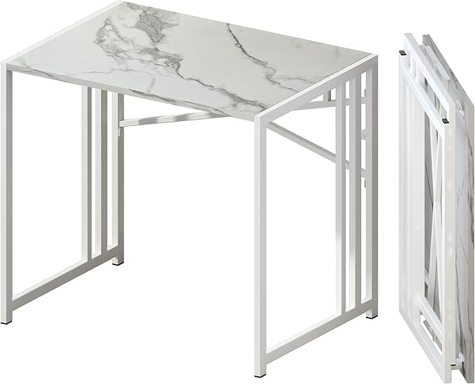 32 inch Folding Small Desk, Writing Gaming Computer Camping Desk for Small Spaces, No Assembly Required Home Office Desk, White Marble - LeafyLoom