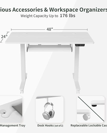 FEZIBO Standing Desk with Keyboard Tray, 48 × 24 Inches Electric Height Adjustable Desk, Sit Stand Up Desk, Computer Office Desk, White - LeafyLoom