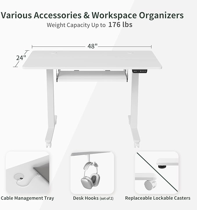 FEZIBO Standing Desk with Keyboard Tray, 48 × 24 Inches Electric Height Adjustable Desk, Sit Stand Up Desk, Computer Office Desk, White - LeafyLoom