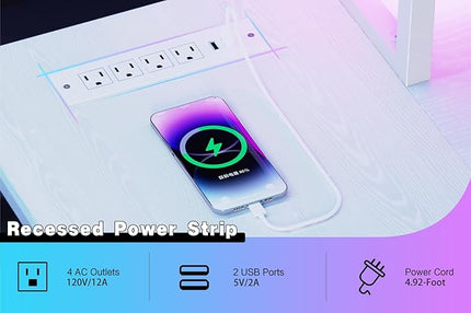 L Shaped Computer Desk with File Drawes,Gaming Desk with Led Lights & Power Outlets, Reversible Office Desk with Shelves White - LeafyLoom