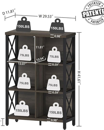 FATORRI 6 Cube Storage Organizer Shelf, Rustic Wood and Metal Cubby Bookcase, Industrial 4 Tier Cube Bookshelf (Walnut Brown) - LeafyLoom