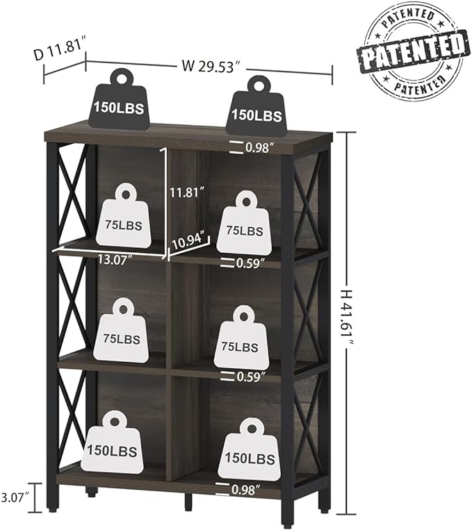 FATORRI 6 Cube Storage Organizer Shelf, Rustic Wood and Metal Cubby Bookcase, Industrial 4 Tier Cube Bookshelf (Walnut Brown) - LeafyLoom