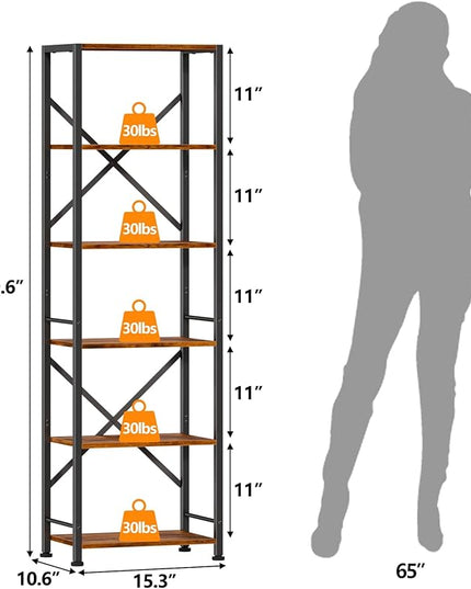 Furologee 6 Tier Tall Bookshelf, Industrial Narrow Bookcase, Display Standing Shelf Units, Metal and Wood Storage Rack Organizer for Living Room, Home Office, Entryway, Kitchen, Rustic Brown - LeafyLoom