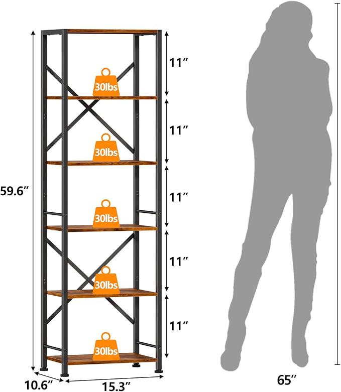 Furologee 6 Tier Tall Bookshelf, Industrial Narrow Bookcase, Display Standing Shelf Units, Metal and Wood Storage Rack Organizer for Living Room, Home Office, Entryway, Kitchen, Rustic Brown - LeafyLoom