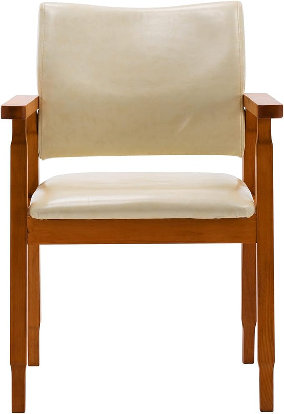 NOB Mid-Century Dining Side Chair with Faux Leather Seat in Beige, handrail Chair - LeafyLoom