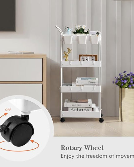 danpinera Storage Cart, 4 Tier Narrow Rolling Storage Cart with Wheels Dividers Bathroom Cart Organizer Slim Laundry Cart with Handle Hanging Cups Hooks, White - LeafyLoom
