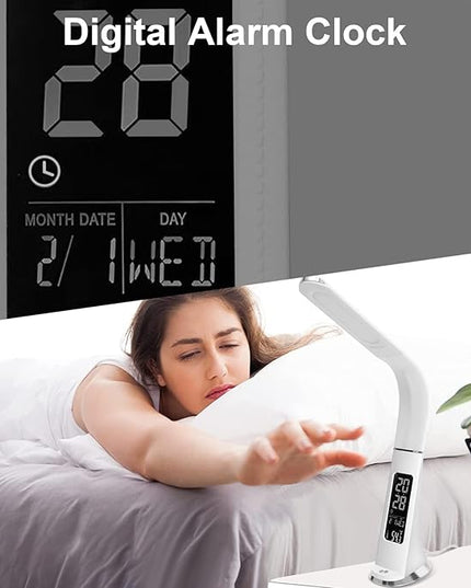 LED Desk Lamp with Digital Display Calendar Temperature,Rechargeable Desk Lamp for Home Office with Adjustable Neck,Dimmable Reading Light with Touch Control,Cordless Study Lamp with USB Charging Port - LeafyLoom