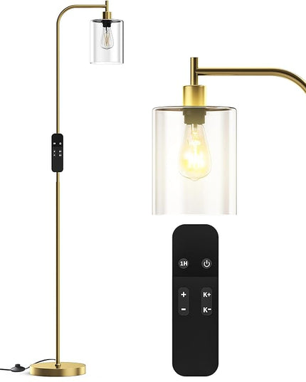 PAZZO LED Floor Lamp, Industrial Standing Lamp with Glass Lampshade, Ideal for Living Room, Bedroom, and Office,Gold(includes Remote Control) - LeafyLoom