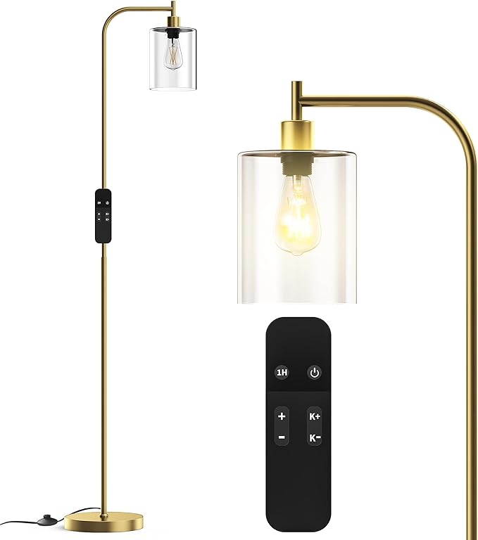 PAZZO LED Floor Lamp, Industrial Standing Lamp with Glass Lampshade, Ideal for Living Room, Bedroom, and Office,Gold(includes Remote Control) - LeafyLoom