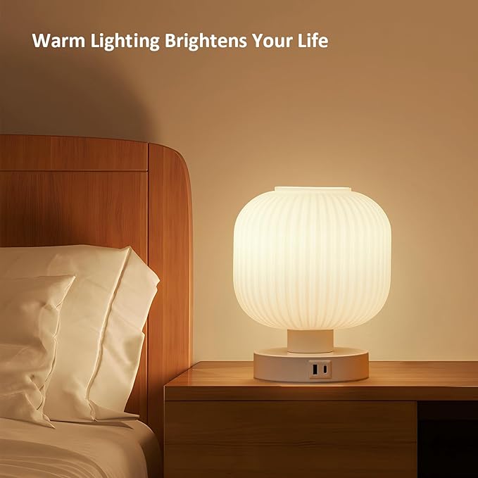 Touch Bedside Lamps,Table Lamps 3 Way Dimmable with USB C+A Charging Ports - Bedroom Nightstand & Living Room Essential, 9W Bulb Included - LeafyLoom