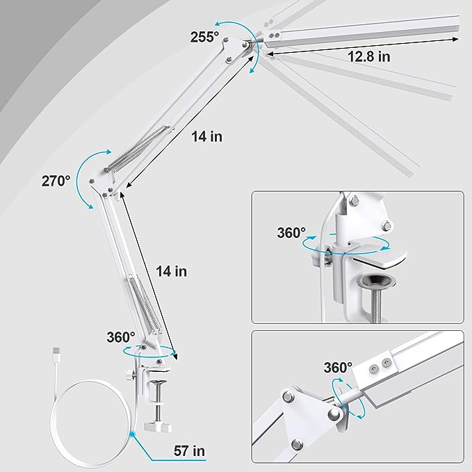 LED Desk Lamp with Clamp and Round Base,Eye Caring Table Lamp with Swing Arm,3 Color Modes 10 Brightness Levels,Memory Function,Desk Light for Home Office with USB Adapter White-14W - LeafyLoom