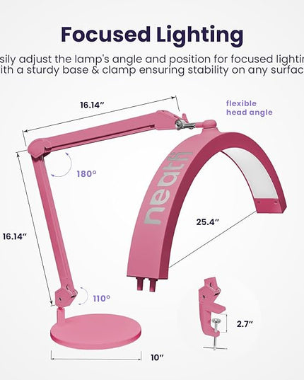 Neatfi Half Moon Swing Arm Table Lamp, 2500 Lumens, CCT Dimming, 5 Light Modes, Professional LED Lighting for Estheticians, Ideal for Nail Art, Facials, and Tattoos (with Base and Clamp, Pink) - LeafyLoom