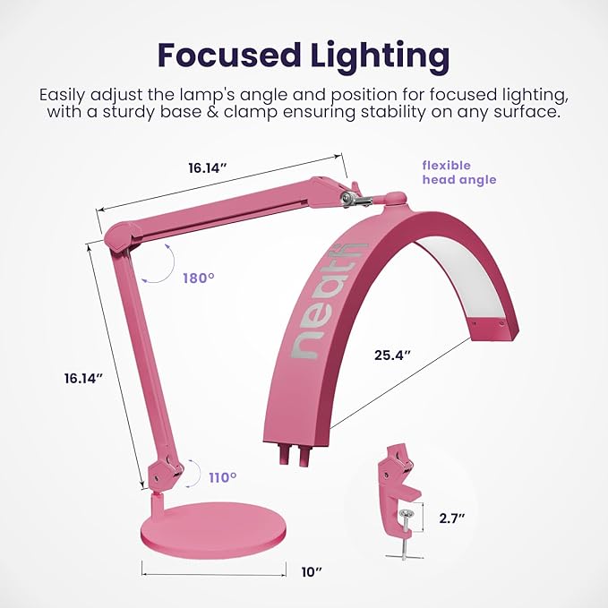 Neatfi Half Moon Swing Arm Table Lamp, 2500 Lumens, CCT Dimming, 5 Light Modes, Professional LED Lighting for Estheticians, Ideal for Nail Art, Facials, and Tattoos (with Base and Clamp, Pink) - LeafyLoom