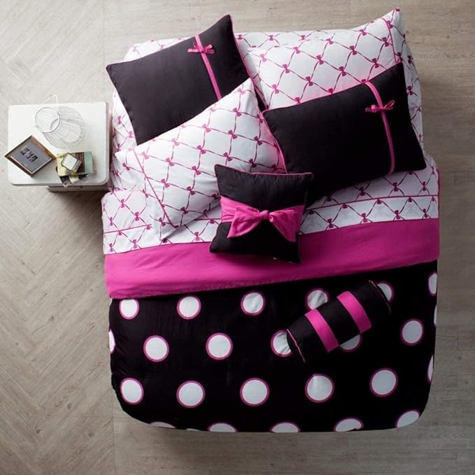 VCNY Home - Twin Bed in a Bag, 8-Piece Bedding Set with Matching Sheets & Bedskirt, Dorm Room Essentials, Cozy Chic Home Decor (Sophie Black/Pink, Twin) - LeafyLoom
